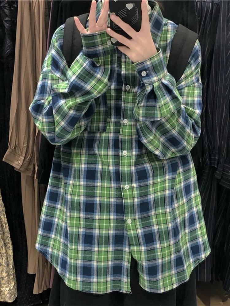 

2022 Vintage Shirts Women Tops Plaid Long Sleeves Oversized Baggy Blouses Kawaii Polo-Neck Preppy Style Students Female Clothes
