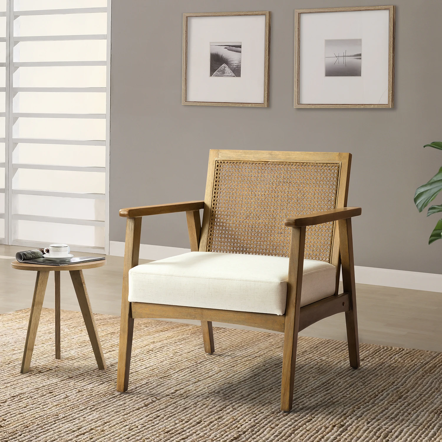 Upholstered Lounge Armchair With Mesh Back Retro Wooden Rattan Chair For Living Bedroom Office