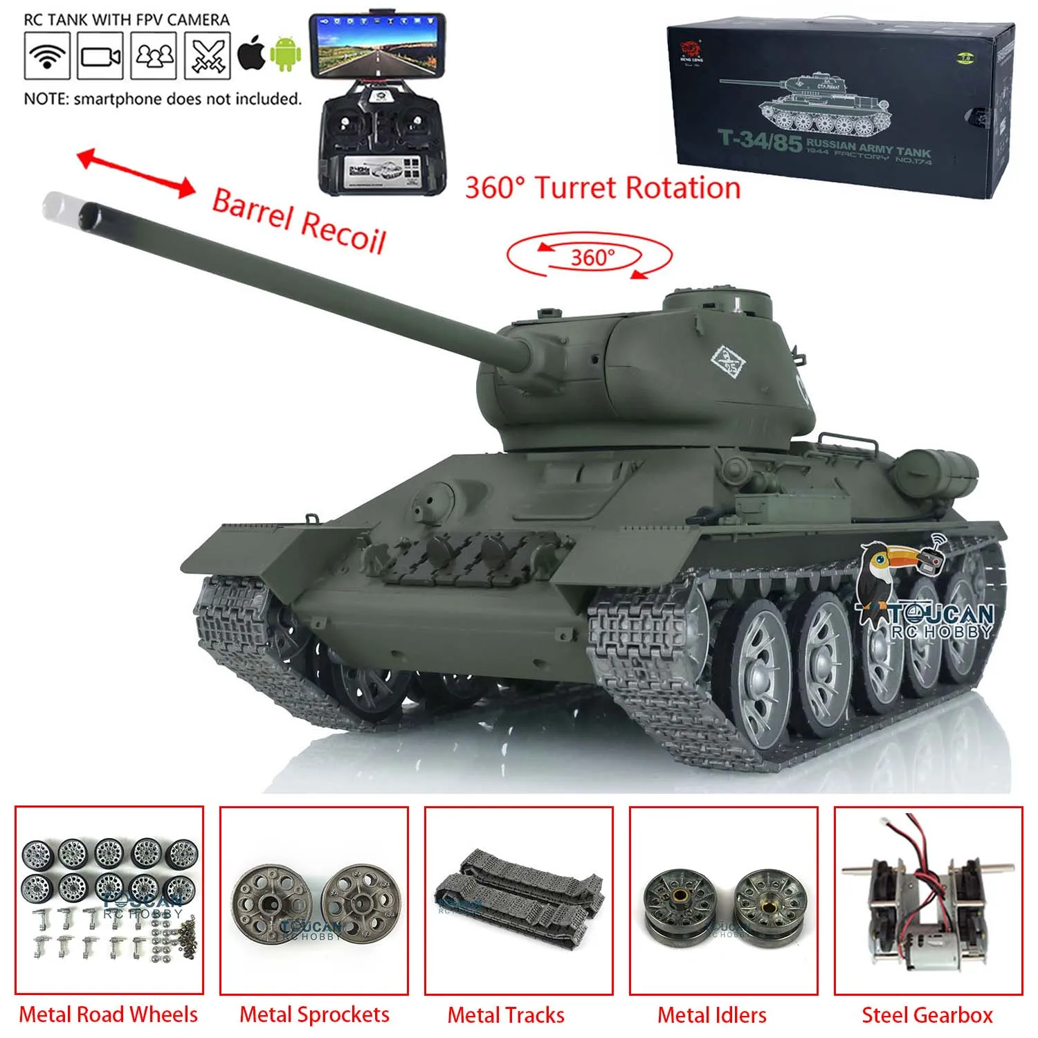 

1/16 Heng Long TK7.0 Customized Version T34-85 RC Tank 3909 360° Turret Metal Track Barrel Recoil FPV Battery Charger Radio