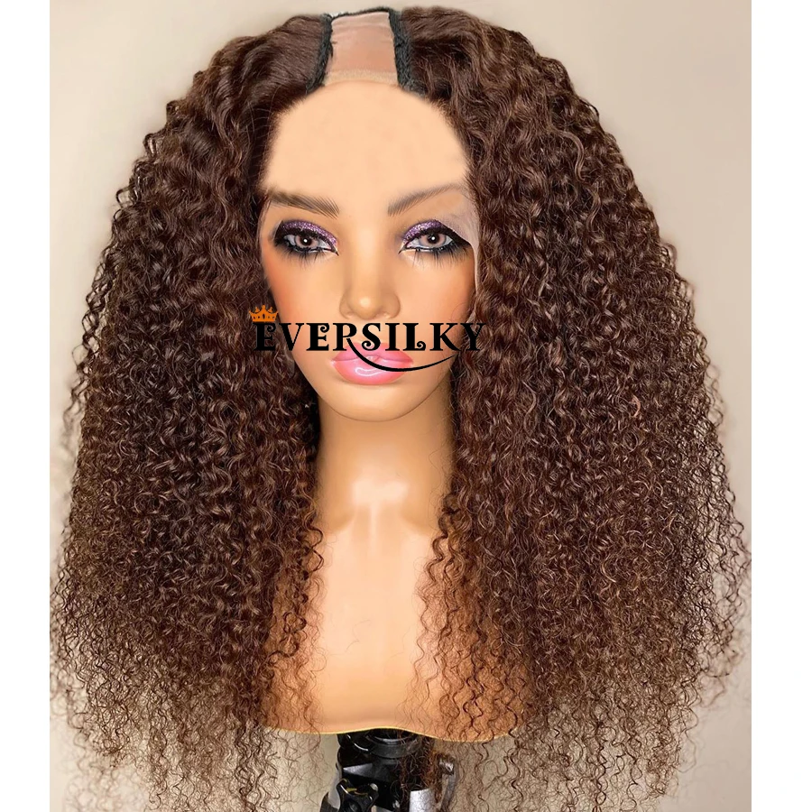 

Dark Golden Brown 1X4 Opening U Part Human Hair Wigs for Black Women Afo Kinky Curly #35 Glueless U Part Wigs with 6Clips Remy