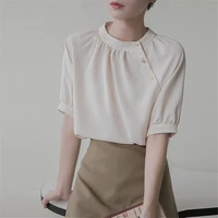 fashion women blouse french retro temperament top apricot chiffon oblique button short sleeved shirt summer 2022 new korea japan
