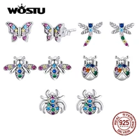 wostu 100 925 sterling silver rainbow insect bee beetle spider butterfly dragonfly stud earrings for women fine jewelry gifts