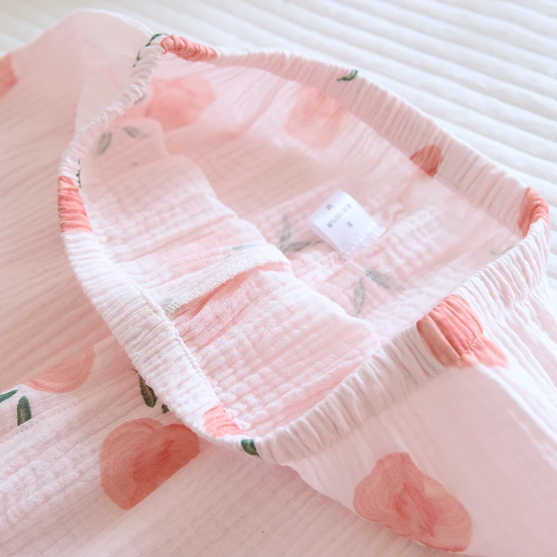 Spring New Ladies Pajamas Set Heart Printed Crepe Cotton Double-layer Gauze Turn-down Collar Long-sleeve Trousers Household Wear