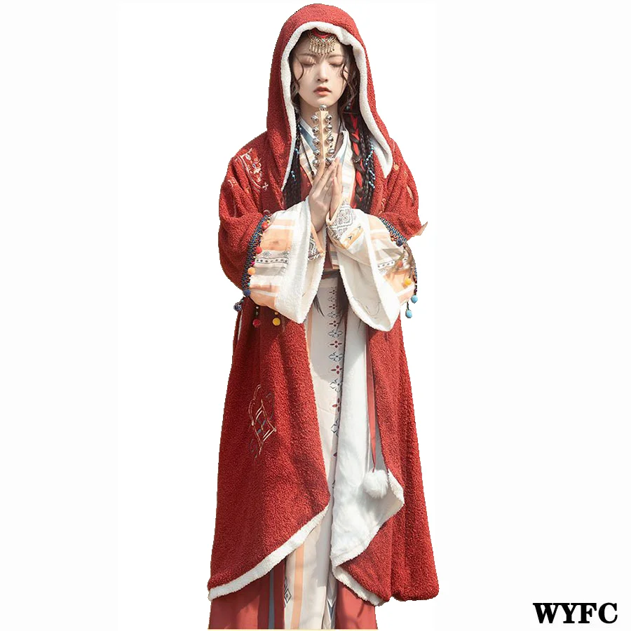 

Зимняя Красная Повседневная накидка, плюшевая, сохраняющая тепло, женская короткая верхняя одежда для девушек, длинные юбки, китайский косп...