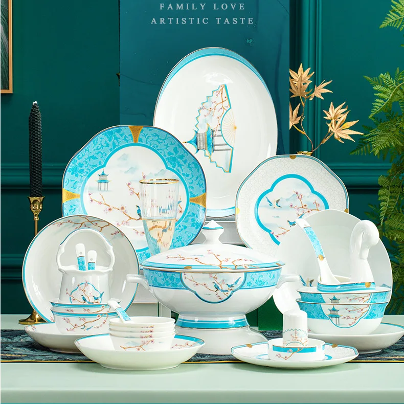

Bone china dishware set, household light luxury high-end new Chinese ceramic tableware, bowls, gifts wholesale, Jingdezhen