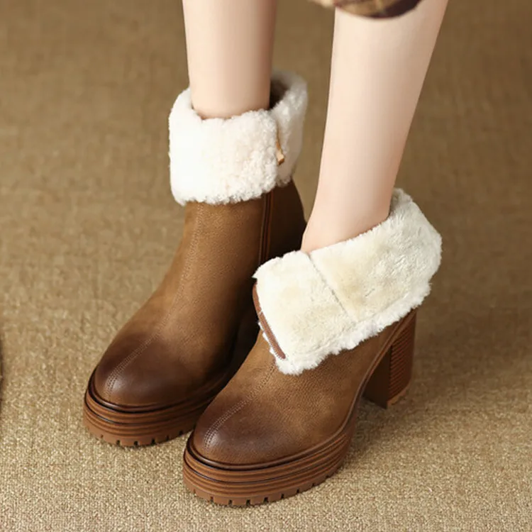 

Vintage Brown Cow Leather Women Snow Boots Platform Round Toe Winter Ankle Botas Warm Plush Inside Black Riding Botines Femmes