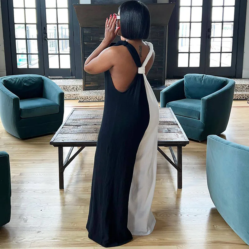 Шикарный черно-белый лоскутный комбинезон с широкими штанинами женский 2023 без