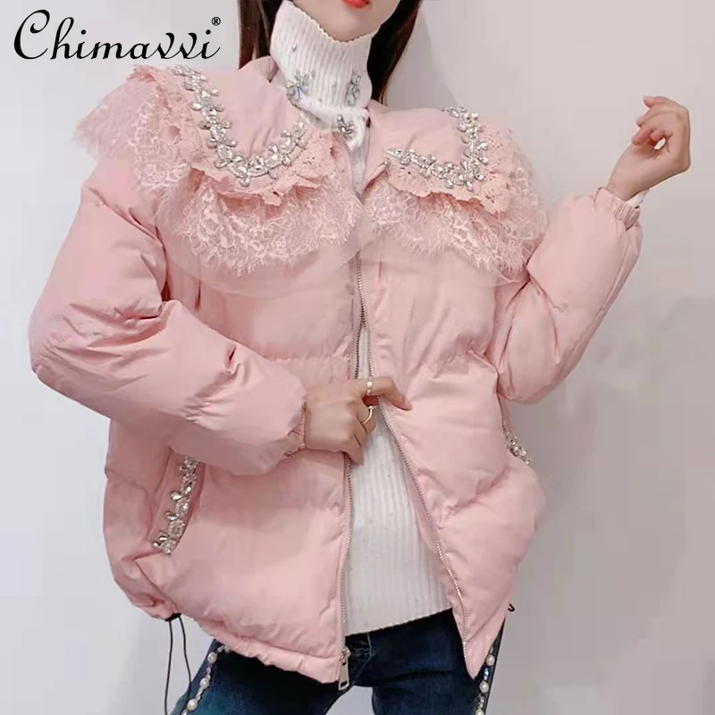 

Pink Cotton Padded Jacket Women's Winter Korean Style Sweet Rhinestone Parkas Lady Lace Stitching Thickened Warm Coat