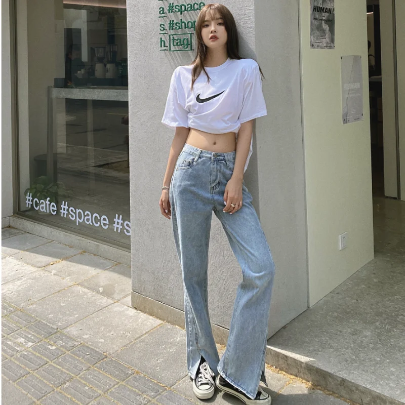 

Y2k Women's Spring Summer Jeans Korean Style Slits High Waist Trousers Streetwear Straight Wide-leg Pants Denim Baggy Pants