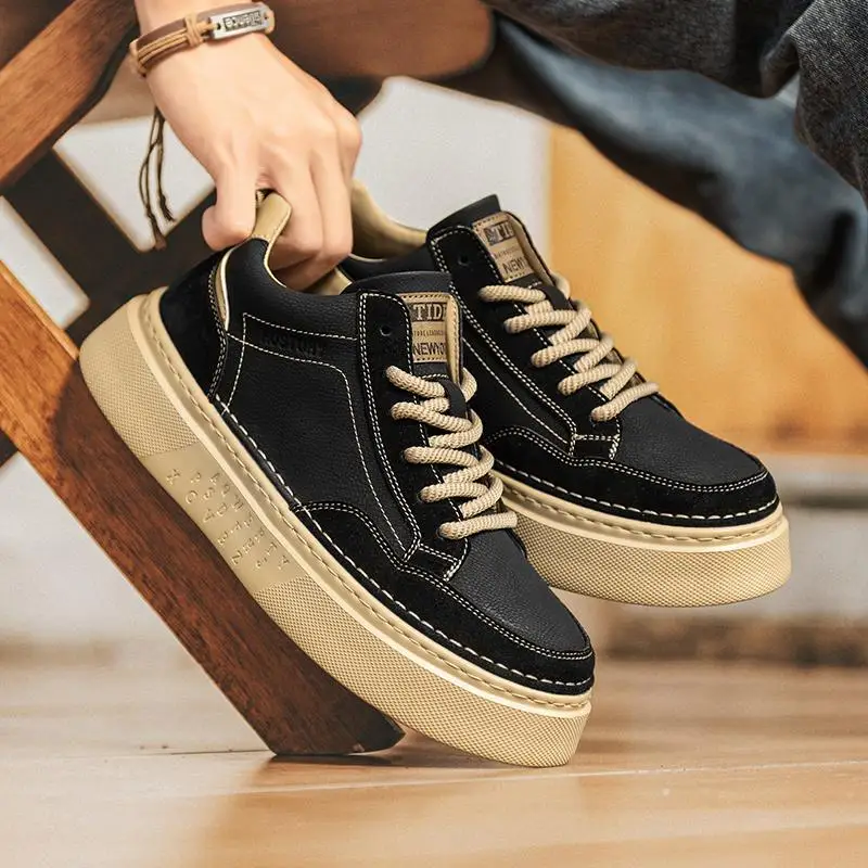 Mid-Top Men's Shoes Autumn and Winter Versatile Trendy Board White Bottom Black Noodles Thick ...