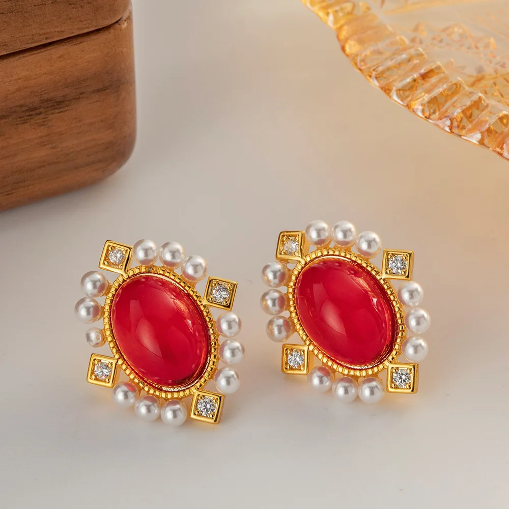 

Minar Luxury Red Color Glass Rhinestone Faux Pearl Oval Geometric Dangle Earrings for Women 18K Real Gold Plated Brass Earring