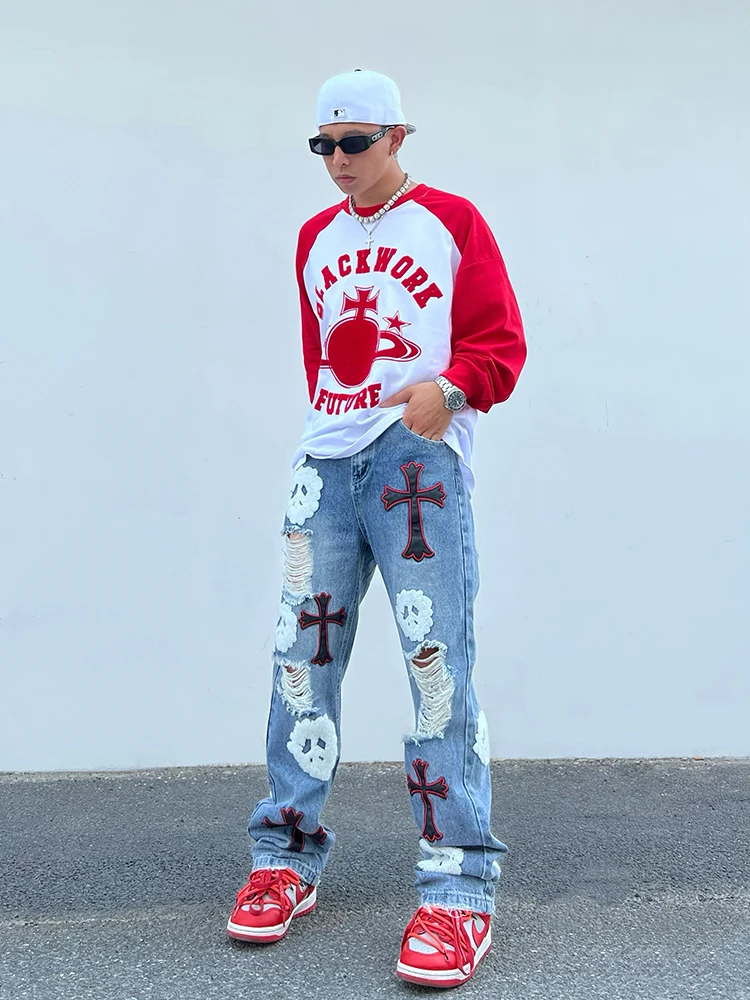 European and American Style Street Embroidery Cross Patch Ripped Men's Jeans High Street Retro Trend Straight Loose Trousers