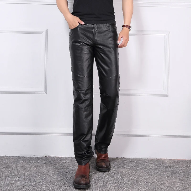 

New Autumn And Winter Genuine Men Windproof Leather Sheepskin Motorcycle Down Pants Thick Straight trousers