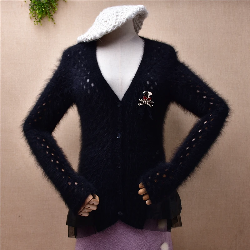 

ladies women fashion black fall winter hollows mink cashmere knitted v-neck lace slim cardigan angora fur jacket coat sweater