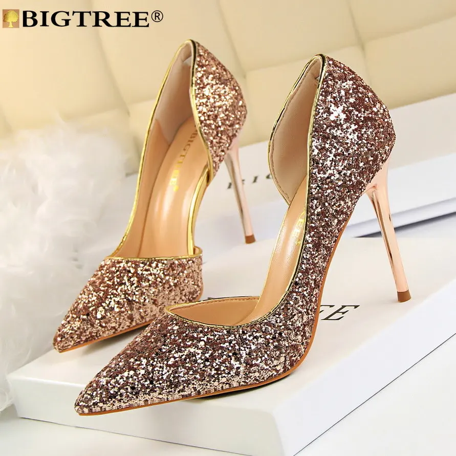

Women High Heels Fetish Pumps Luxury Design Party Bling Pointed Toe Sequined Cloth 9CM Thin Heels Fashion Wedding Women Shoes