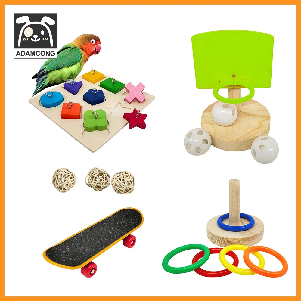 5PCS Bird Toys Set for Parakeets Bird Skateboard/ Stacking Toy/Parrot Wooden Block Puzzles Toy/Basketball Toy/Small Sepak Takraw