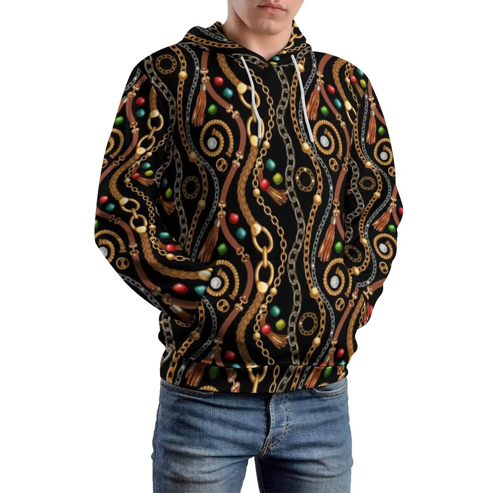 

Chains Hoodie Leather Belt And Bead Print Mens Winter Hoodies Long Streetwear Fashion Pullover Hoodie Big Size