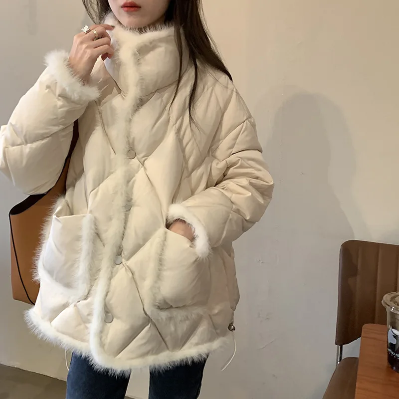 

Women Winter Korean Version Loose and Thin Stand-up Collar Warm Jacket Women 2023 Winter New Stitching Mink Wool Cotton Jacket