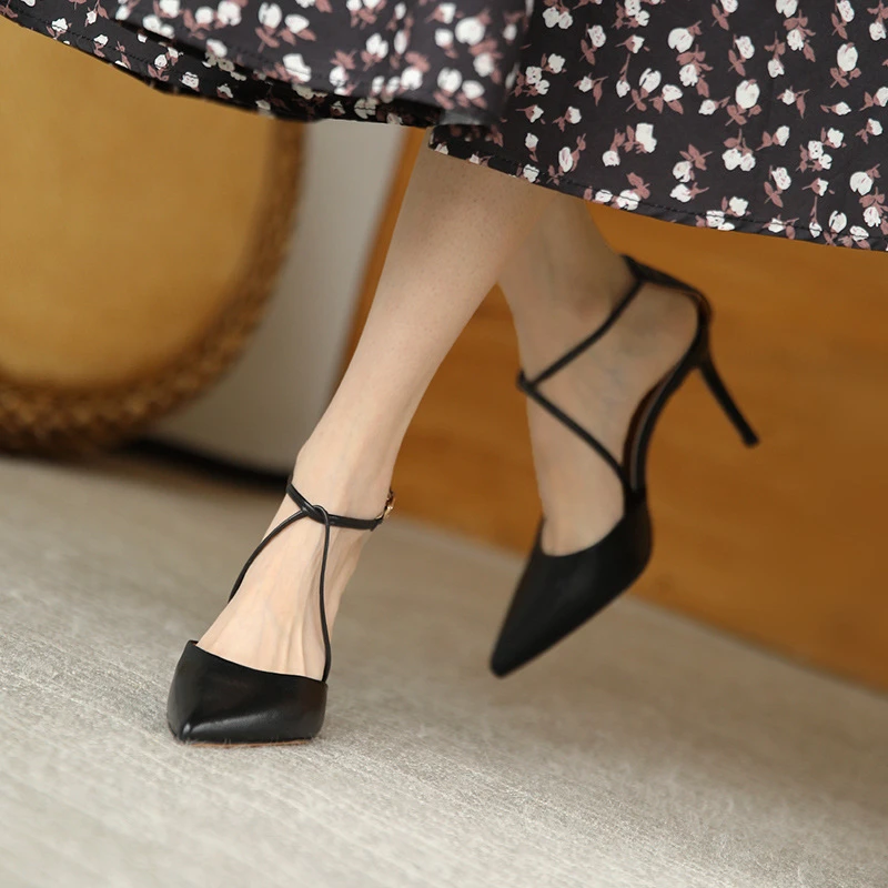 

2023 Summer New Baotou Solid Color Sandals Women Stiletto All-match Fairy Style Pointed Toe Buckle High-heeled Women's Shoes