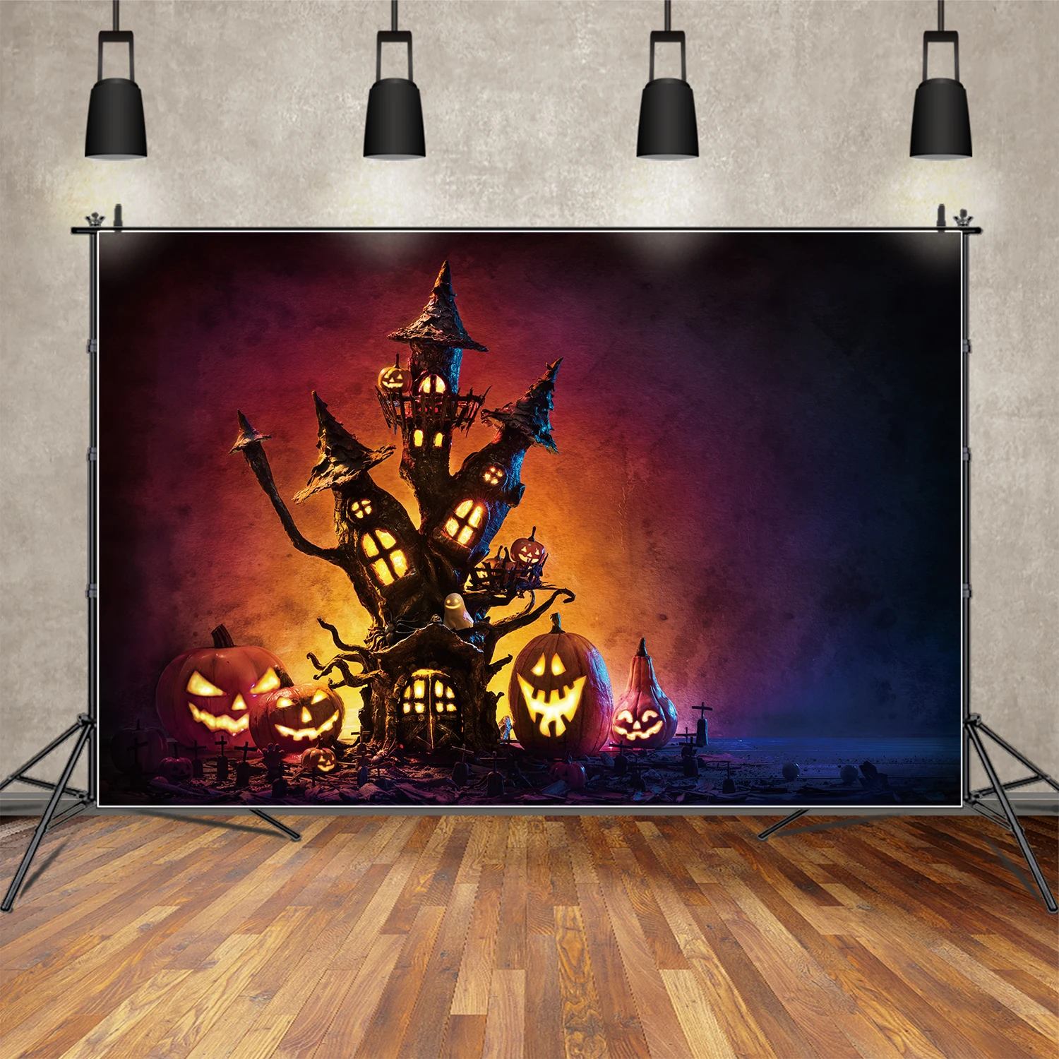 

Задний фон MOON.QG для детской фотосъемки в стиле Хэллоуин с деревом и замком