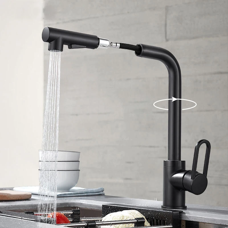 

Kitchen Faucet Pull Out Sprayer Deck Mounted Single Handle Hot Cold Water Copper Kitchen Sink Mixer Tap Black Color