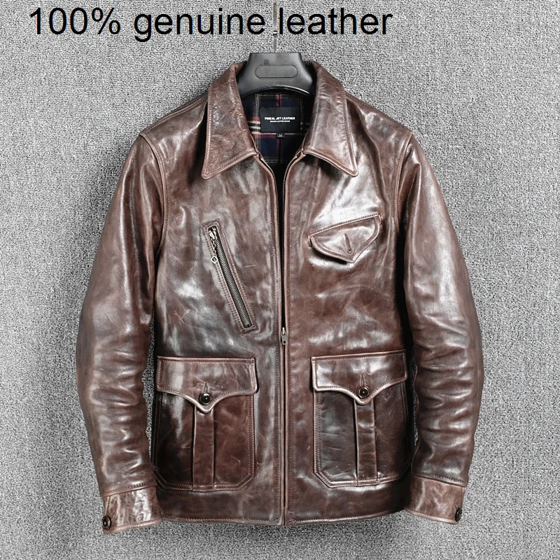 

Коричневый батик роскошный 2023 лошадиная сшитая куртка, одежда газетчика, мужское качество винтажное пальто из натуральной кожи,