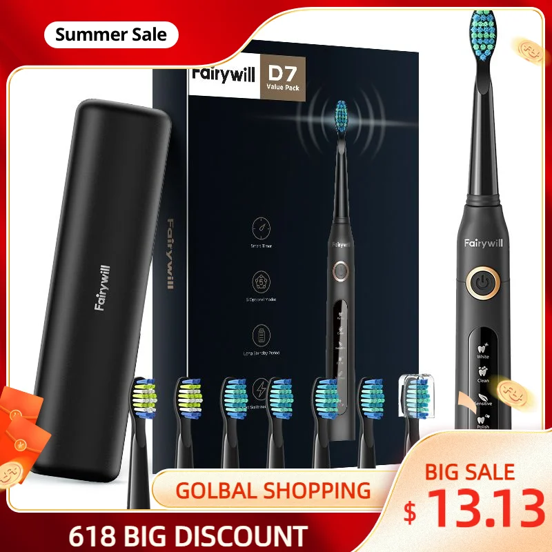 

Fairywill Electric Toothbrush Sonic Waterproof USB Rechargeable Replacement Brush Heads Smart Timer Adult Home FW-507