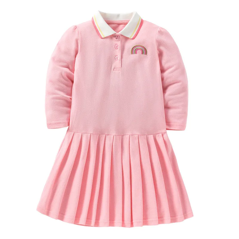 

Jumping Meters New Arrival Girls Polo Shirts Dresses Children's Clothes Rainbow Embroidery Hot Selling Toddler Frocks