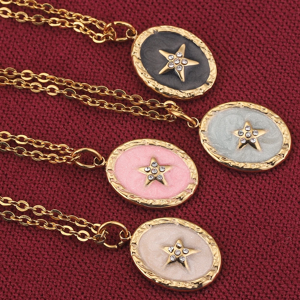 

Gold-Plate Oval Five Stars Enamel Charm Chain Stainless Steel Necklace Medal Pendant for Women Jewelry gift