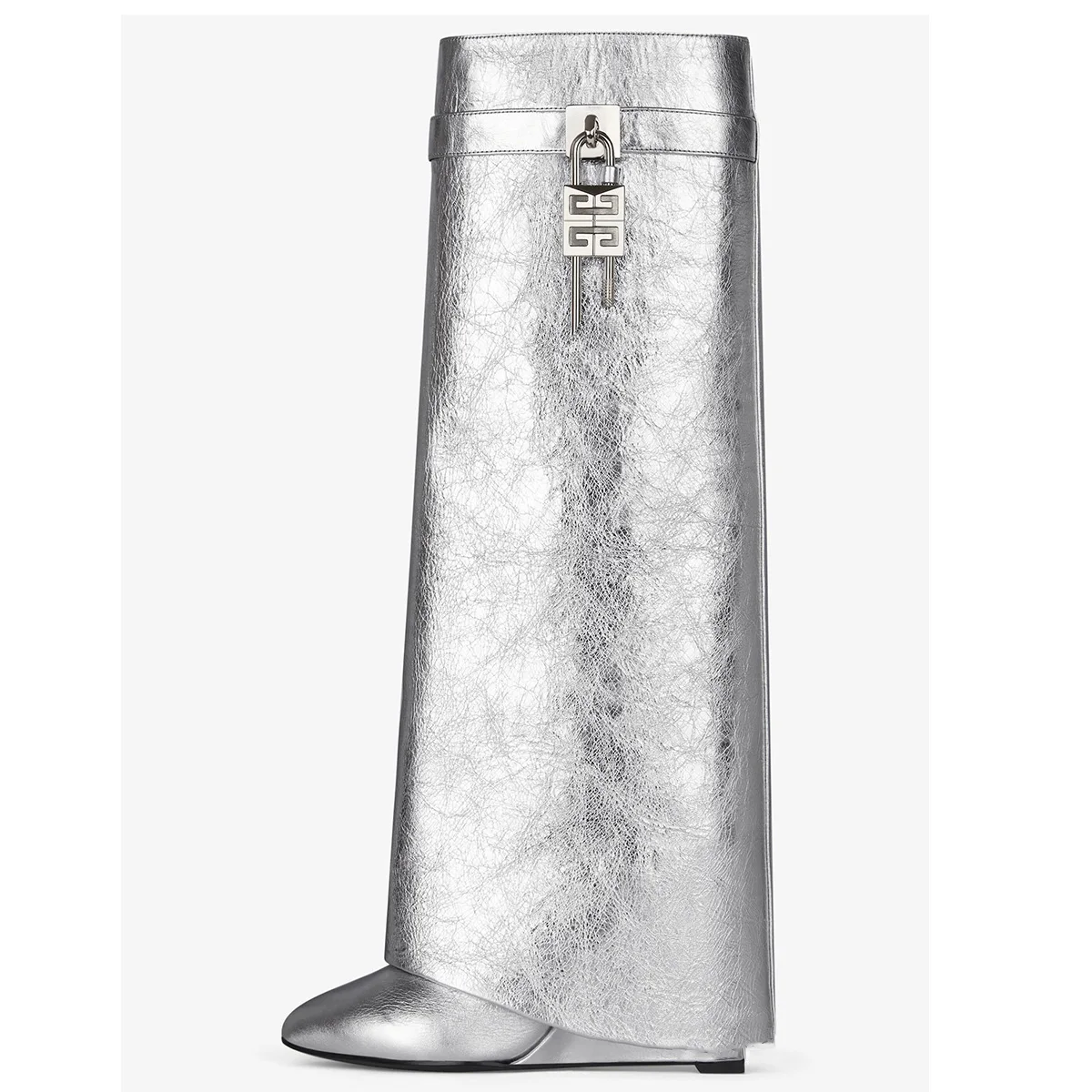 

Brand Design Metal Lock Women Boots Sexy Slip-on Knee High Boots Woman Motorcycle Botas Mujer Gold Silver Leather Wedge Shoes