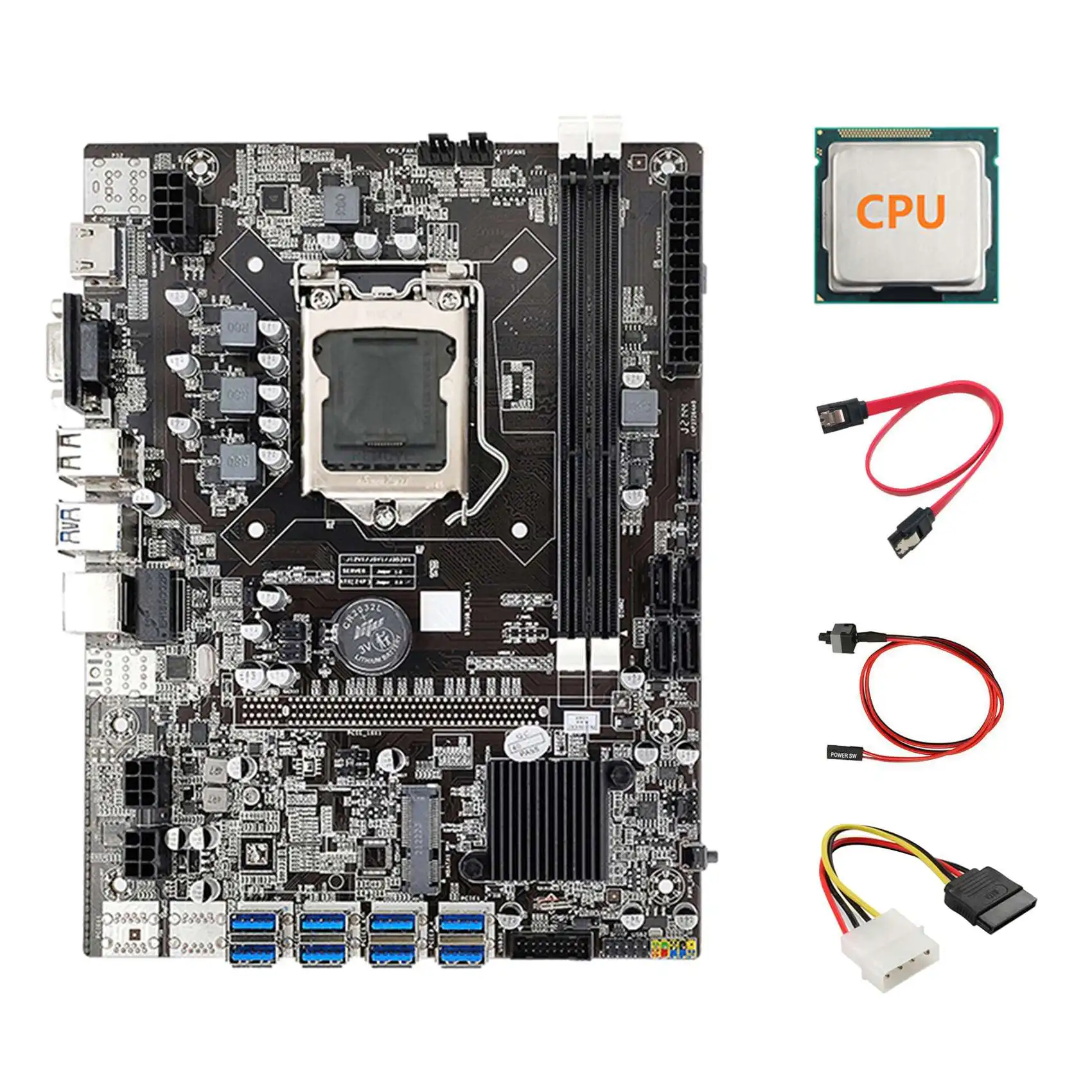 B75 ETH Mining Motherboard 8XPCIE to USB+CPU+4PIN IDE to SATA Cable+SATA Cable+Switch Cable LGA1155 B75 Motherboard