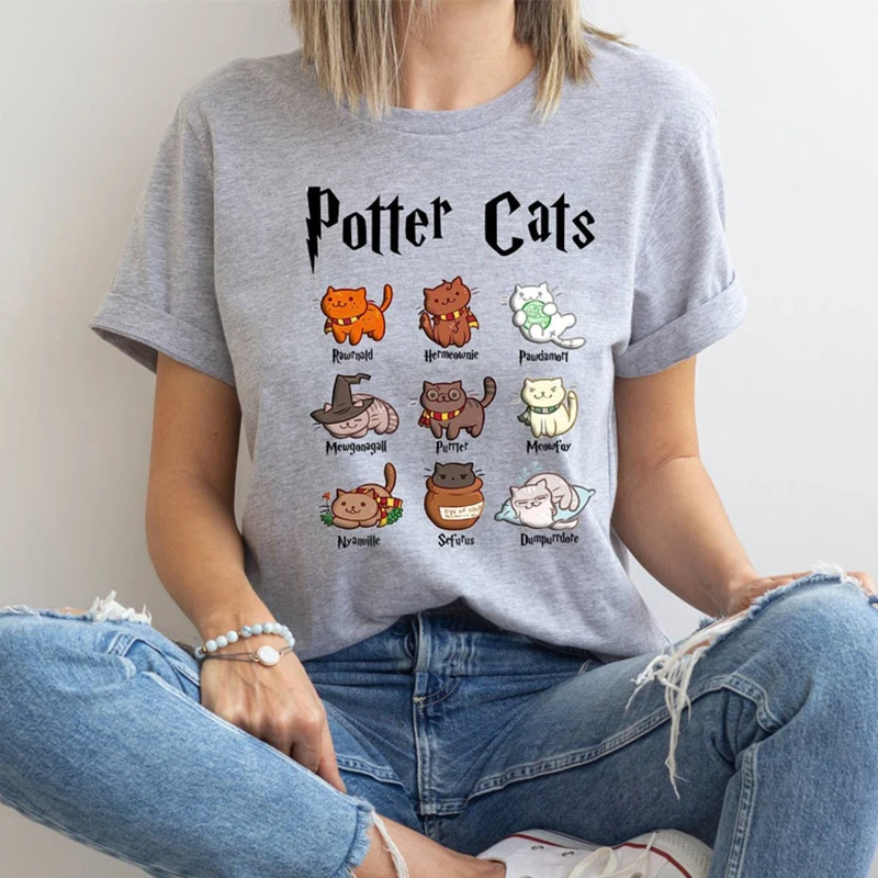 

Pawter Potter Cats Kawaii T Shirts Women Cotton Harajuku Y2k Vintage T-shirts Gothic Clothes Tshirts Female Graphic Tee O Neck