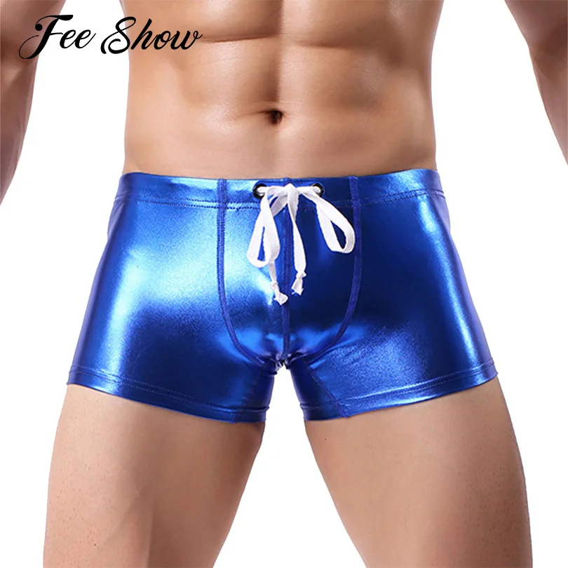 

Мужские плавки с низкой посадкой, купальники, шорты-боксеры на шнуровке, нижнее белье, блестящие шорты из искусственной кожи для танцев и пр...