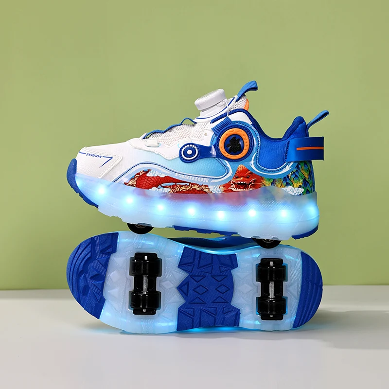 Детская светодиодная обувь с четырьмя колесами черная подсветка для роликовых