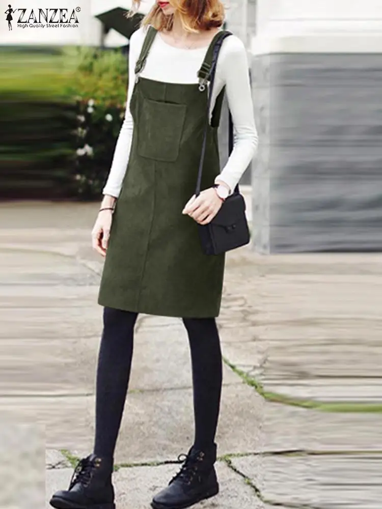 

ZANZEA Autumn Women Vintage Corduroy Mini Sundress 2023 Spring Straps Solid Overalls Dress Party Vestidos Sarafans Suspenders
