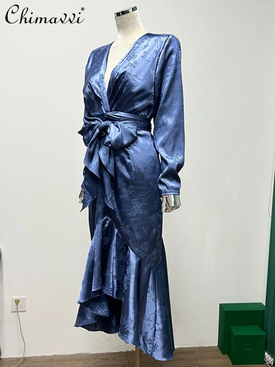 

New Women Fashion Dress 2022 Autumn French Elegant High-end Lady Style Jacquard Satin V-neck Fishtail Lace-up High-waist Dresses