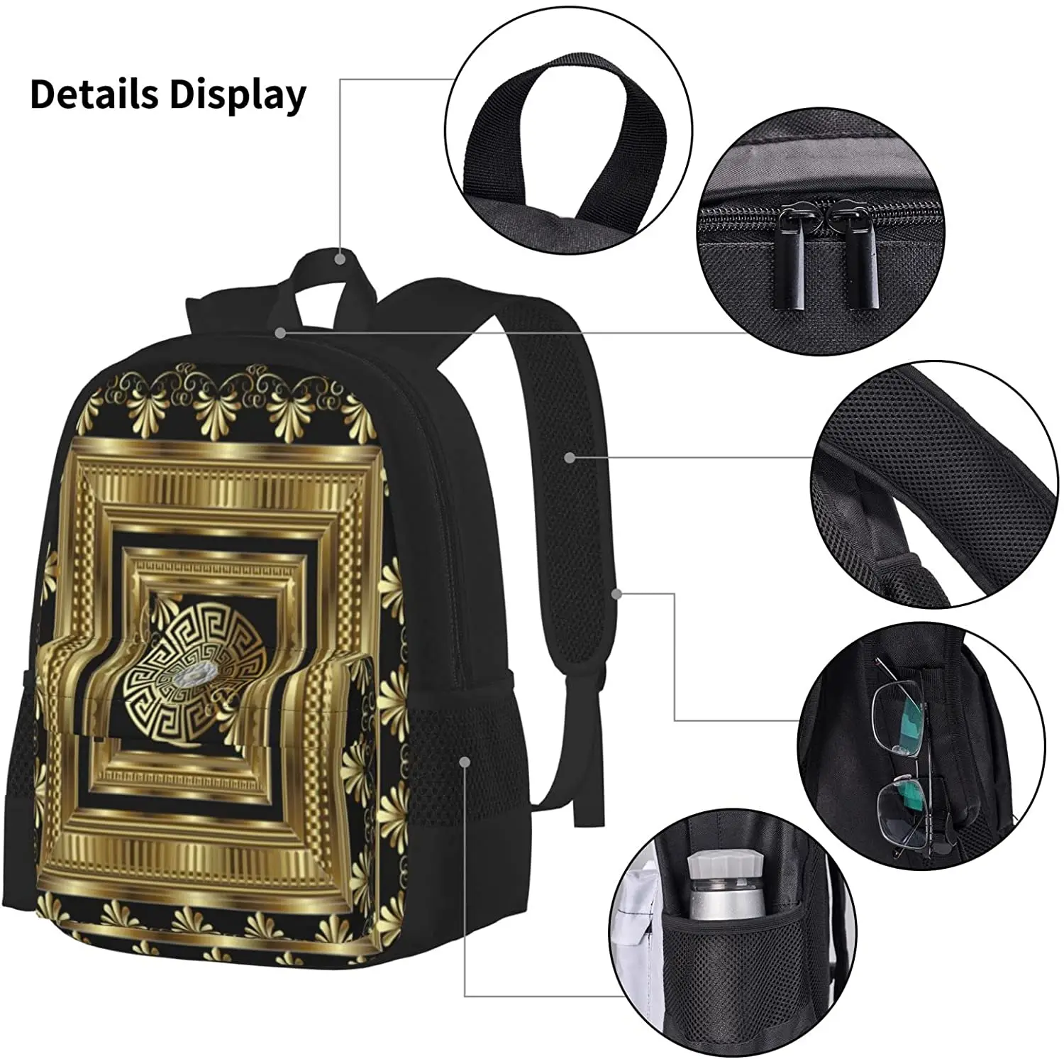 Luxury Gold  Geometric Greek Key Table Schoolbag Travel Bag Casual Daypack Lunch Bag Pencil Case for Boys Teens Girls 3pcs Sets