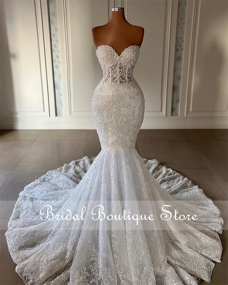 

Sparkly Crystal Mermaid Wedding Dress Sweetheart Rhinestone Beaded Pearls Luxury Bridal Gowns Court Train Robes De Mariée