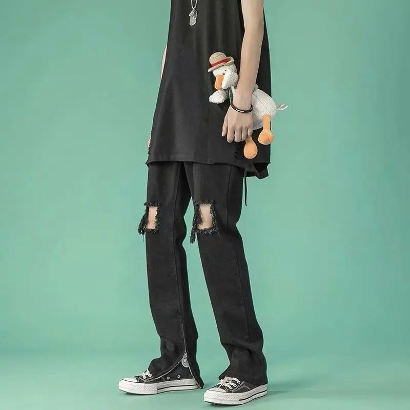 Men's Ripped Jeans Streetwear Vintage Hip Hop Jeans Men's Button Mid-Waist Split Jeans Men's Loose Denim Straight-Leg Pants