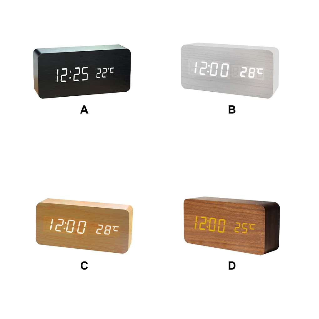 

Alarm Clock LED Digital Bedside Voice Control Clocks Decor Adjustable Temperature Display Living Room White Wood