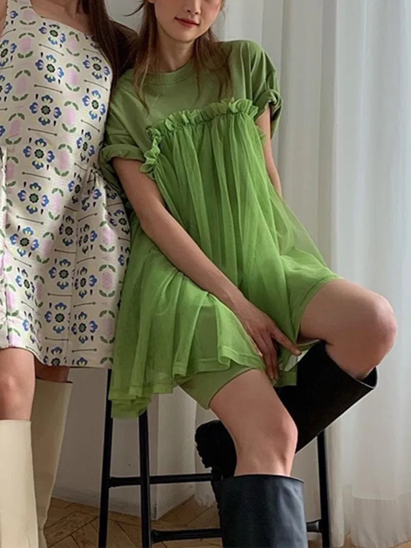 

Женский мини-халат с круглым вырезом, свободное зеленое короткое платье с оборками и коротким рукавом, 2022