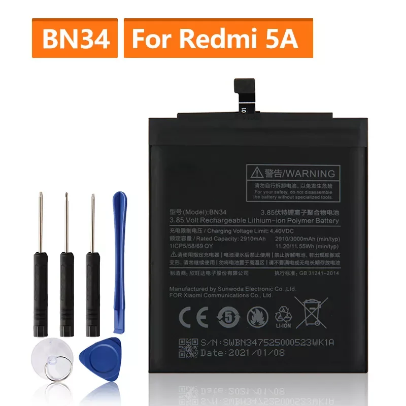 

2023New Replacement Battery For Xiaomi Mi Redmi 5A Redrice 5A BN34 Rechargeable Phone Battery 3000mAh