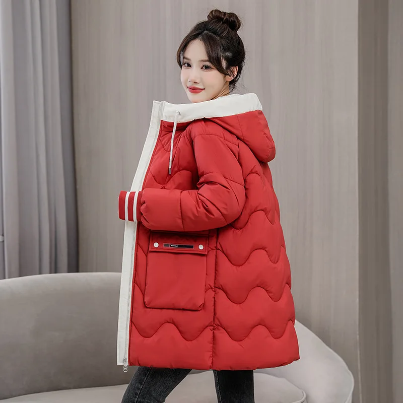 New Winter Down Cotton Jacket for Women Korean Students Thickened Cotton Jacket Loose Medium Long Color Contrast Cotton Jackets