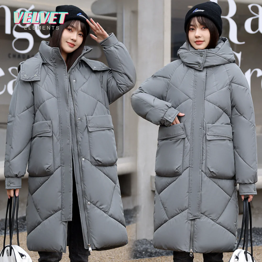 VE 2023 Snow Wear Warm New Solid Winter Coat for Women Down Jacket Warm Casual Loose Hooded Winter Women Jacket Long Parkas
