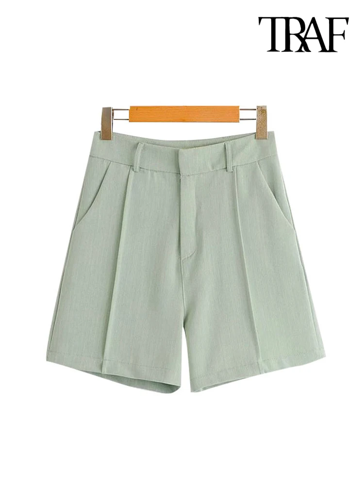 

TRAF Women Chic Fashion Side Pockets Straight Shorts Vintage High Waist Zipper Female Short Pants Pantalones Cortos