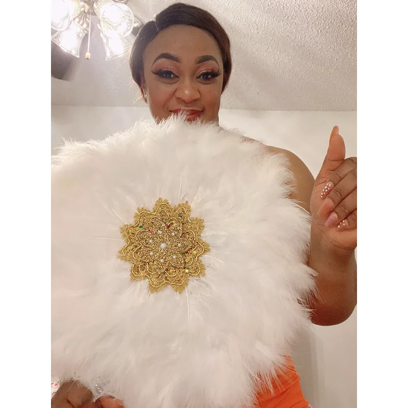 

1 шт., двусторонний свадебный веер с белыми перьями индейки и золотой ручкой