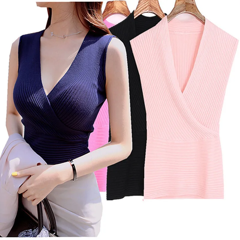 

Women's New Spring Coat Sexy Deep V-neck Tight Sweater Ribbed Bottoming Shirt Knitted Vest Suspenders Tank Top Women Corset Top