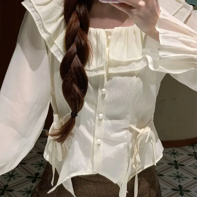 Рубашки и блузки на шнуровке Корейская Осенняя модная женская блузка Топ с