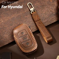top layer leather car key case shell cover for hyundai interior accessories retro style cowhide bag fashionable