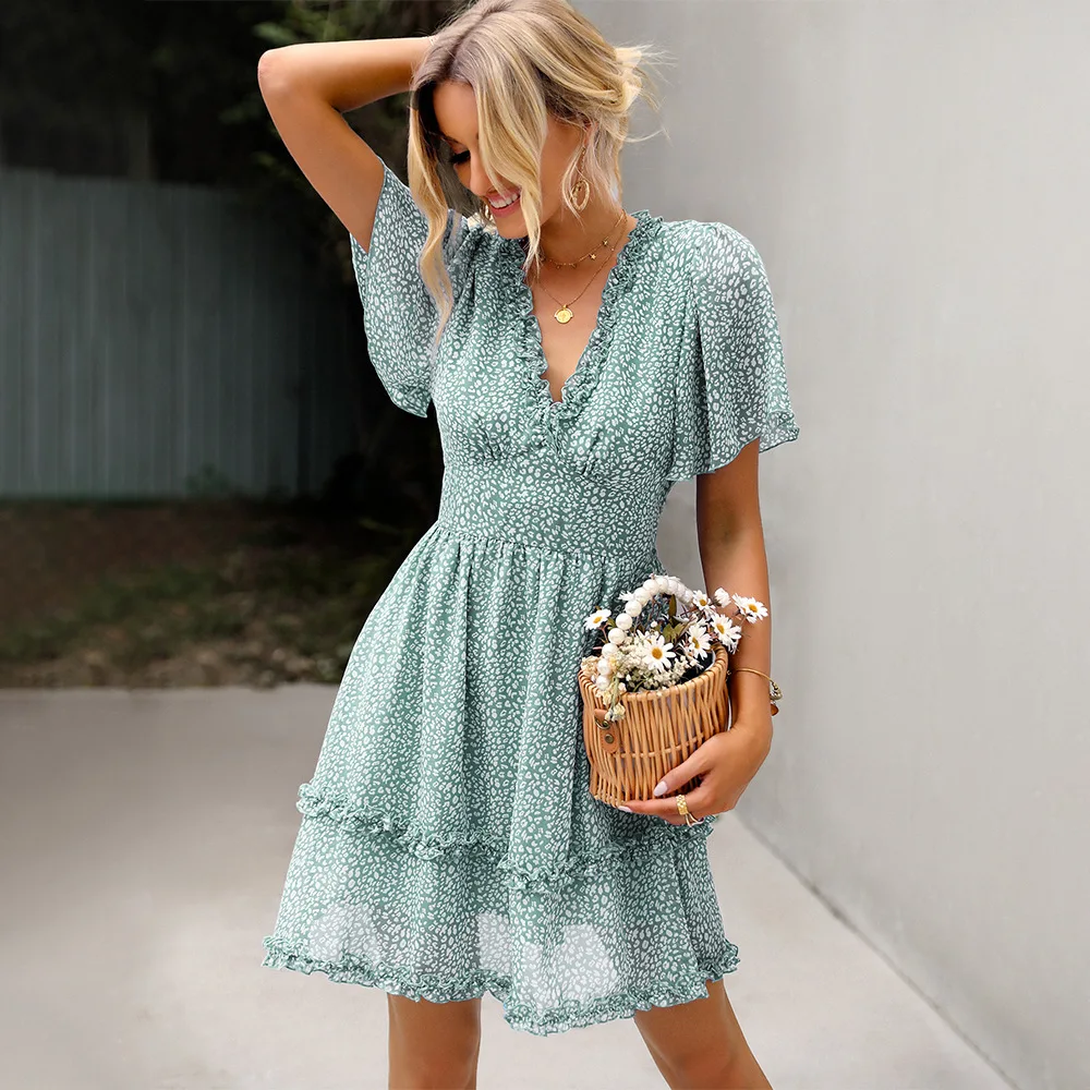 

Elegant Fashion Women Summer Short Sleeve V-neck Ruffles Tunics Floral Print Office Dress Female A-line Beach Dresses Streetwear